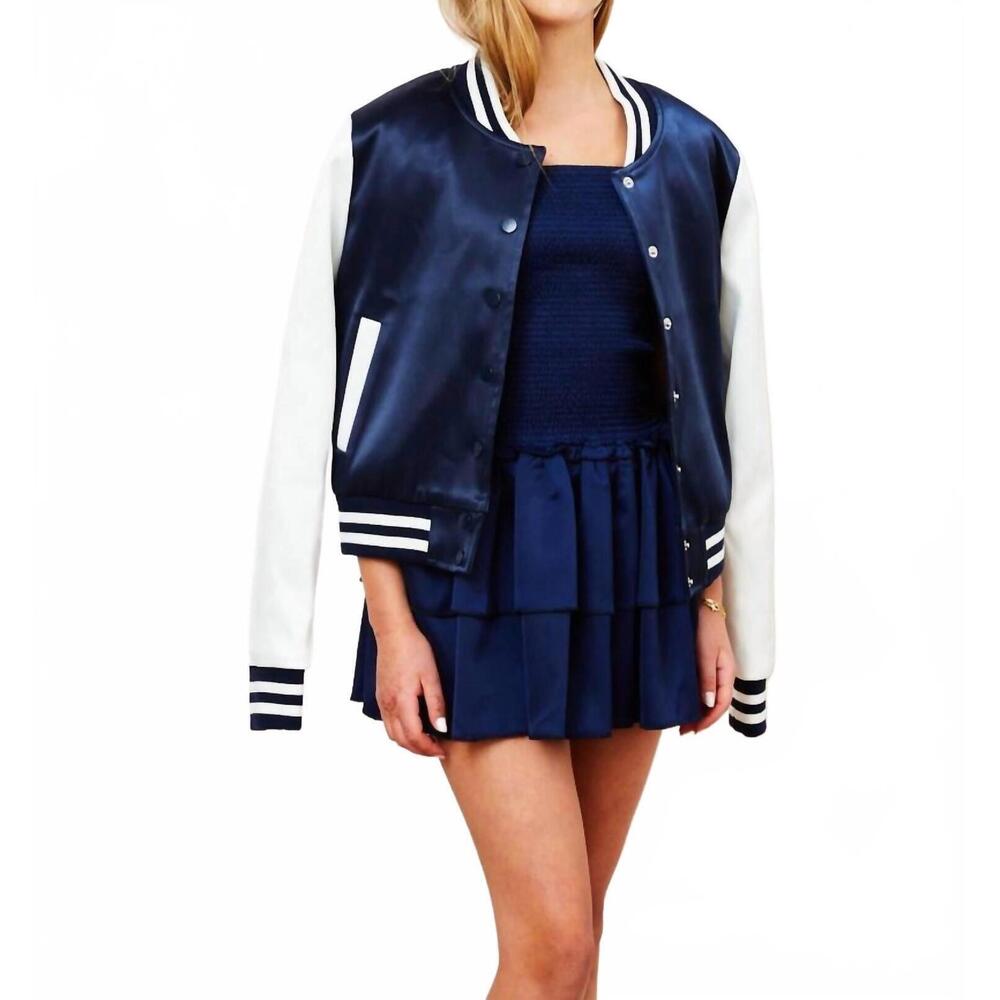 NEW THEME valley satin varsity jacket in navy & white